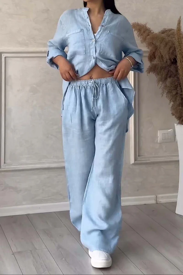 Linne Co-Ord Set | Button-Up | Wide Leg | Tvådelat Set | Linne Skjorta och Byxor Set Dam