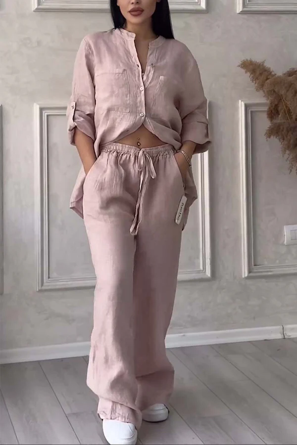 Linne Co-Ord Set | Button-Up | Wide Leg | Tvådelat Set | Linne Skjorta och Byxor Set Dam