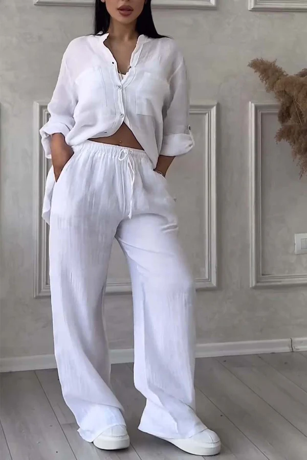 Linne Co-Ord Set | Button-Up | Wide Leg | Tvådelat Set | Linne Skjorta och Byxor Set Dam