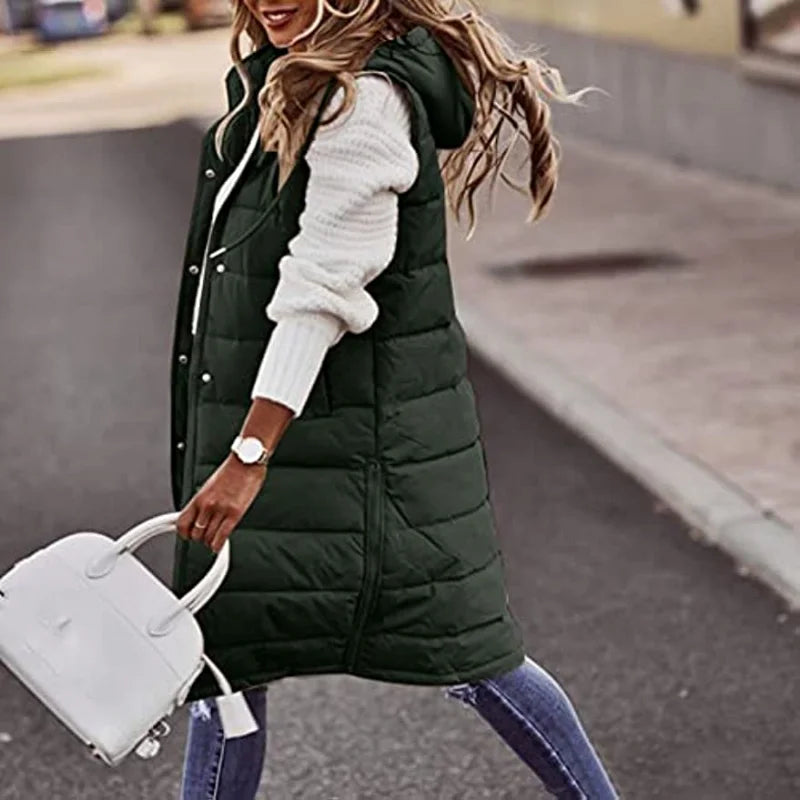 Longline Gilet | Ärmlös | Huvtröja | Puffer Vest | Gilet för kvinnor