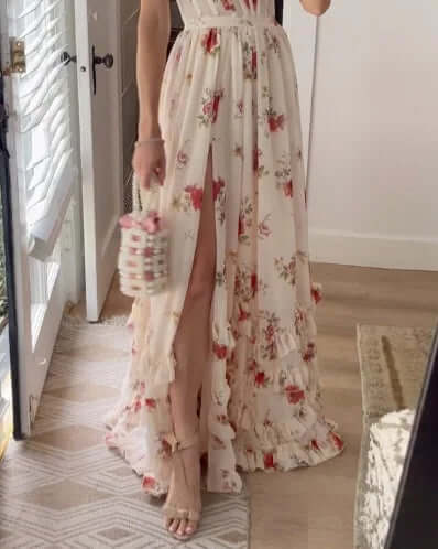 Maxi Sundress - Elegant - Slit - Blommig klänning - Korsettklänning