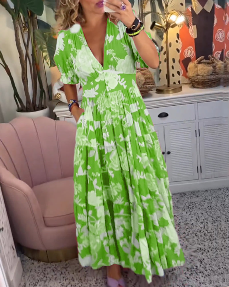 Maxi Sundress - Kortärmad - V-hals - Blommig klänning - Maxiklänning