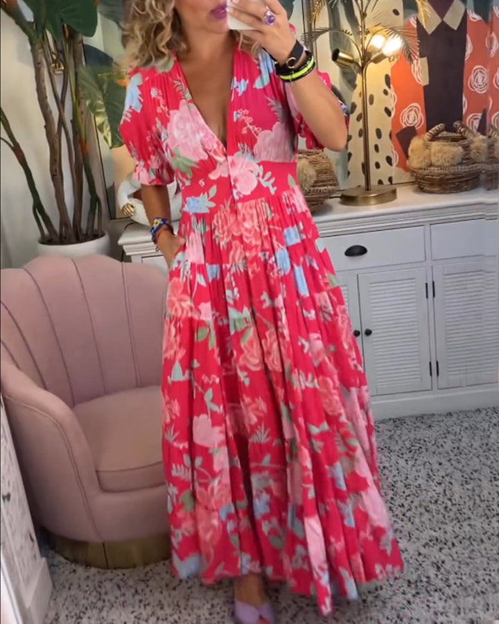 Maxi Sundress - Kortärmad - V-hals - Blommig klänning - Maxiklänning