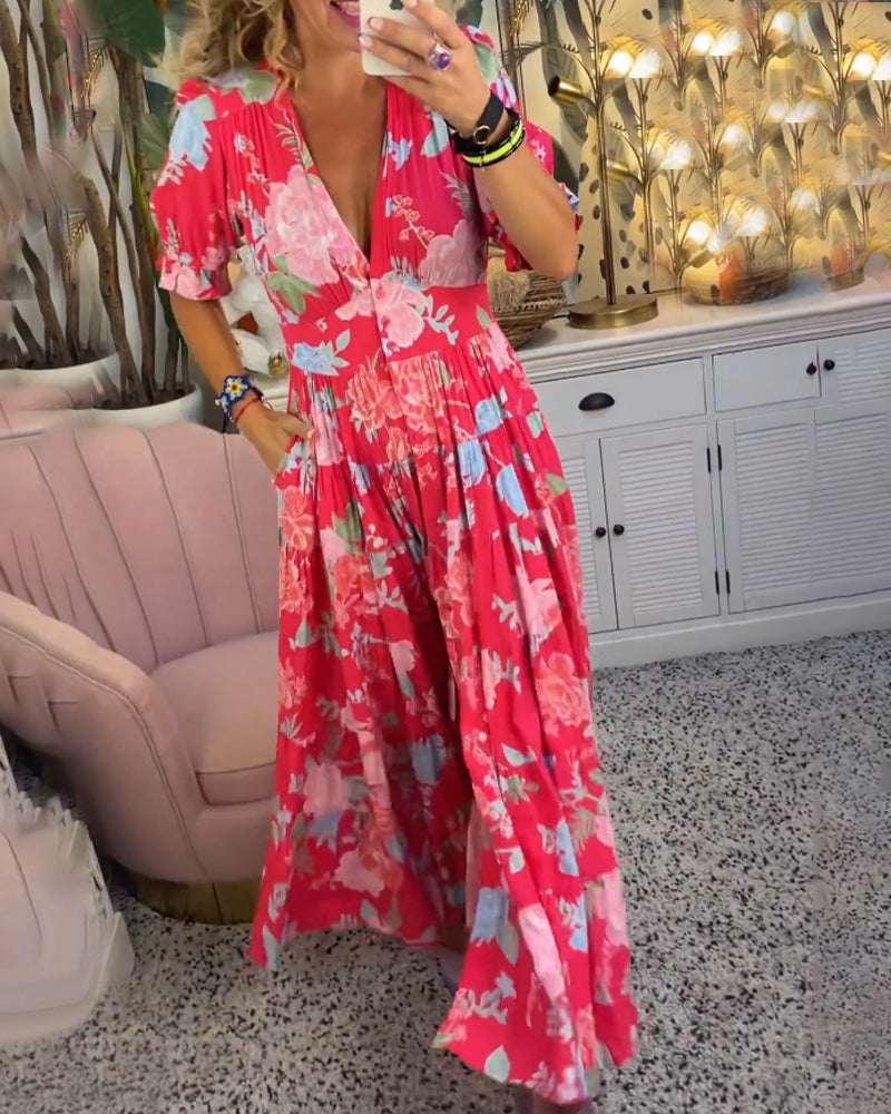 Maxi Sundress - Kortärmad - V-hals - Blommig klänning - Maxiklänning