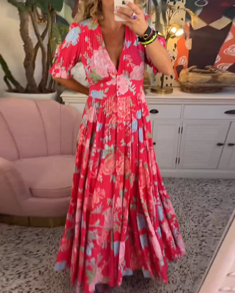 Maxi Sundress - Kortärmad - V-hals - Blommig klänning - Maxiklänning