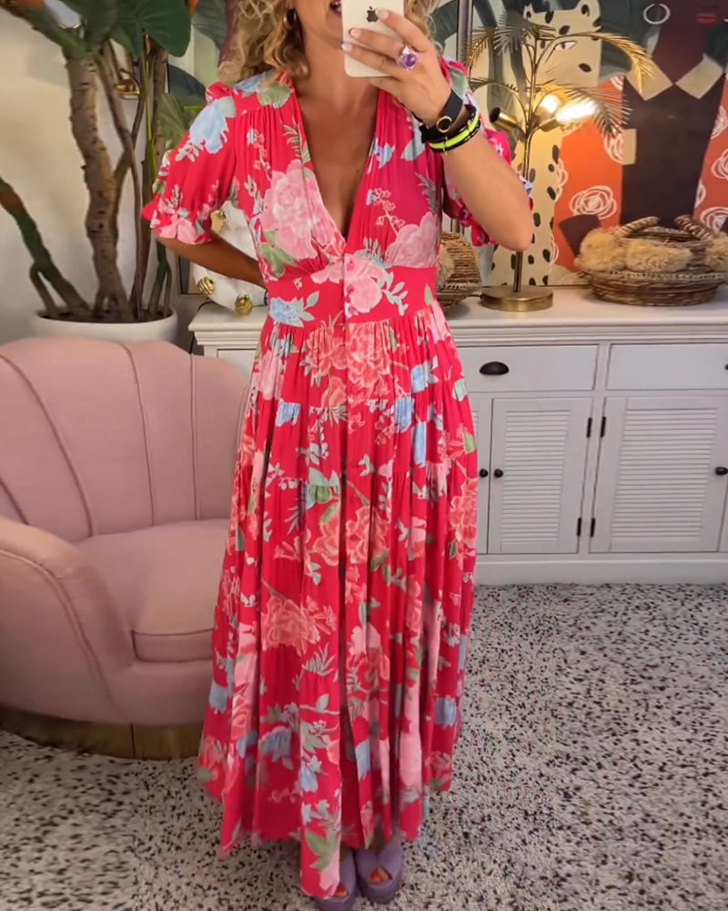 Maxi Sundress - Kortärmad - V-hals - Blommig klänning - Maxiklänning