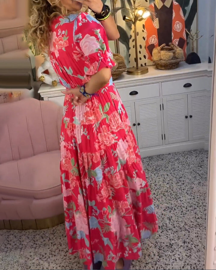 Maxi Sundress - Kortärmad - V-hals - Blommig klänning - Maxiklänning