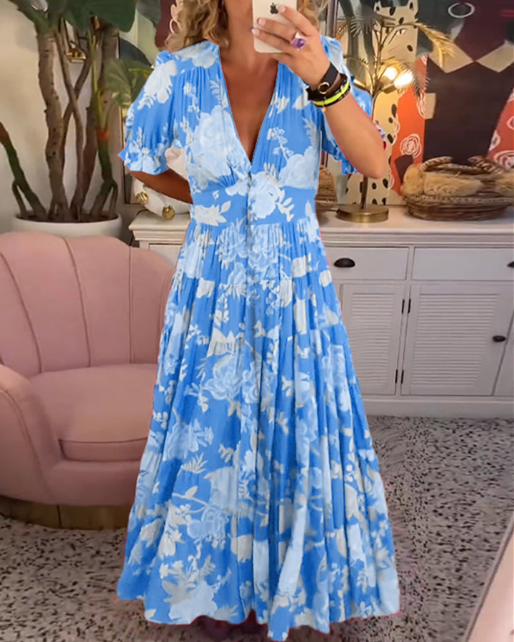 Maxi Sundress - Kortärmad - V-hals - Blommig klänning - Maxiklänning