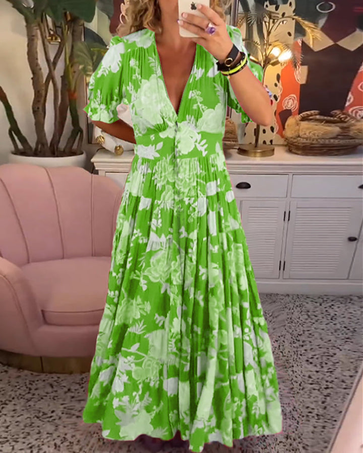 Maxi Sundress - Kortärmad - V-hals - Blommig klänning - Maxiklänning