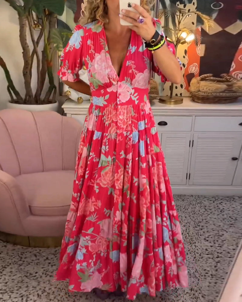 Maxi Sundress - Kortärmad - V-hals - Blommig klänning - Maxiklänning