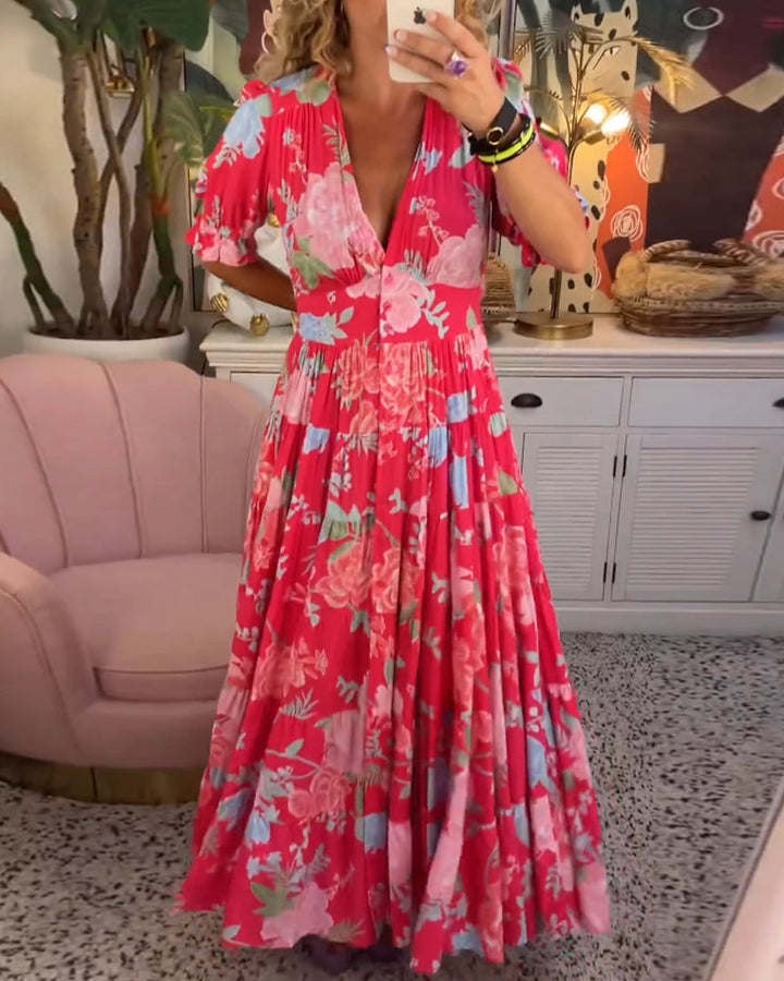 Maxi Sundress - Kortärmad - V-hals - Blommig klänning - Maxiklänning