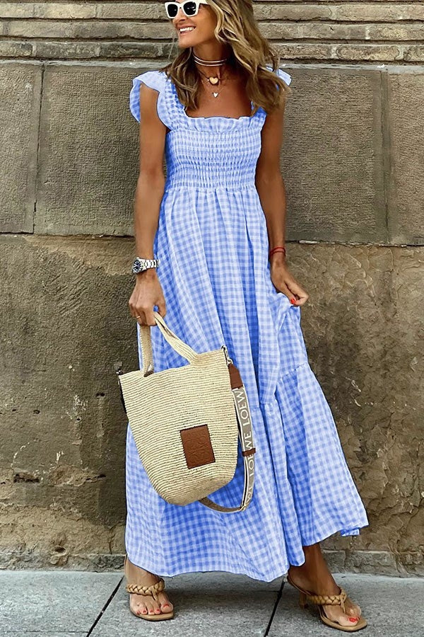 Maxi Sundress - Rutig lång sommarklänning med rynkad kjol