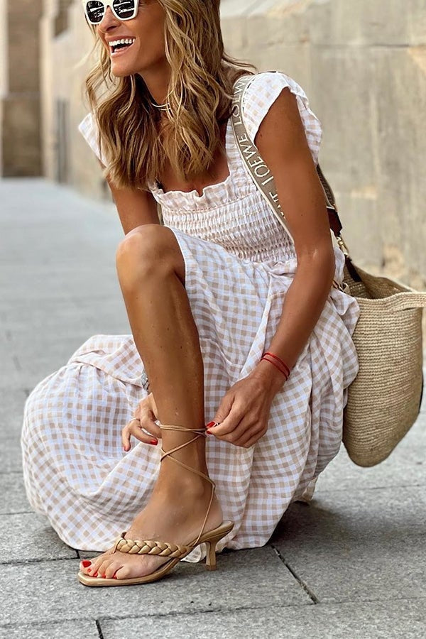 Maxi Sundress - Rutig lång sommarklänning med rynkad kjol