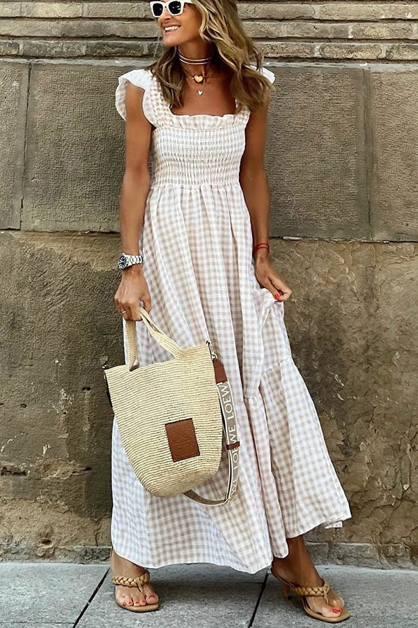 Maxi Sundress - Rutig lång sommarklänning med rynkad kjol