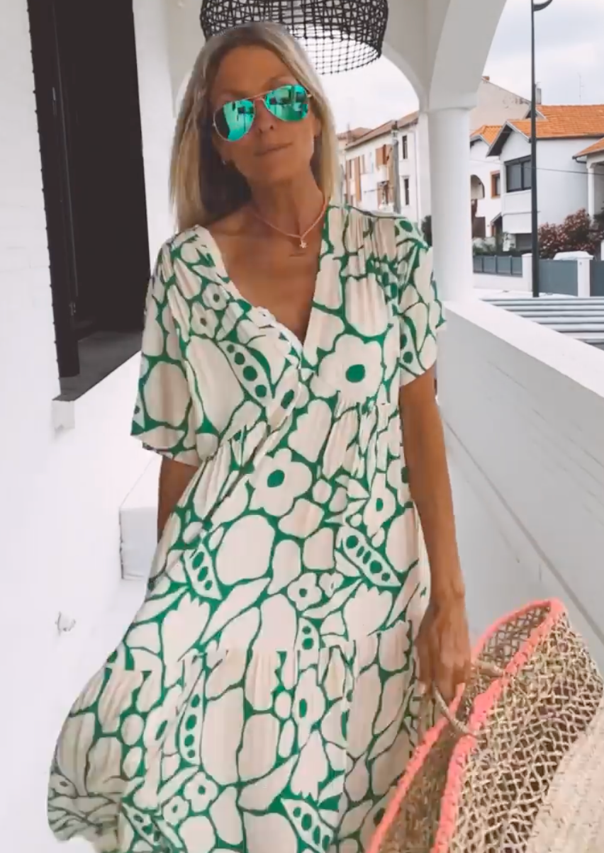 Maxi Sundress - V-ringad kortärmad sommarklänning för kvinnor