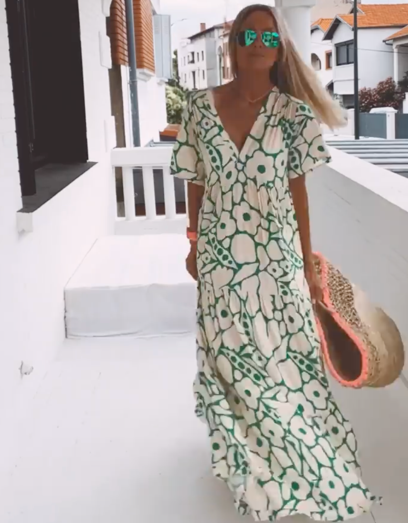 Maxi Sundress - V-ringad kortärmad sommarklänning för kvinnor