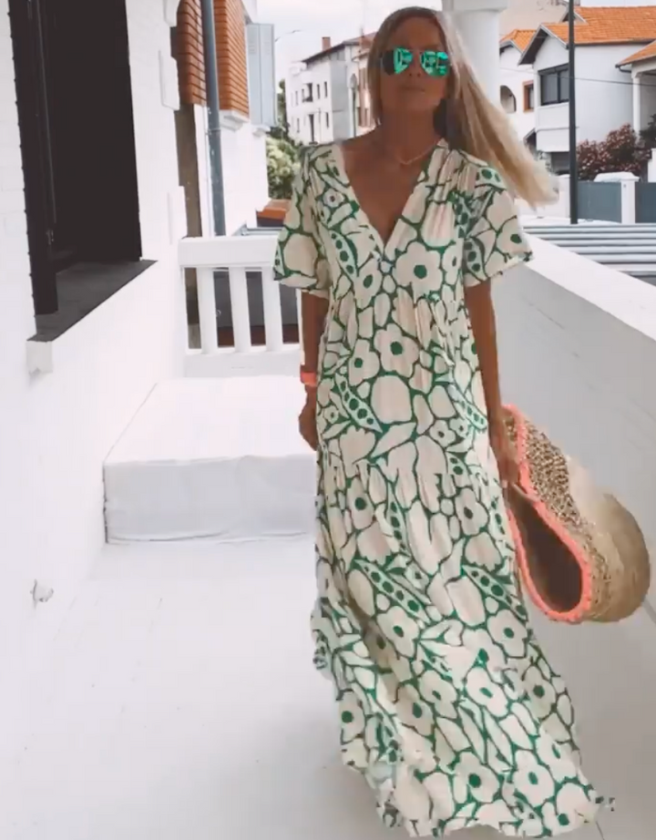 Maxi Sundress - V-ringad kortärmad sommarklänning för kvinnor