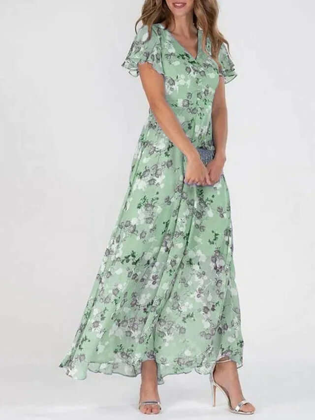 Maxi-solklänning | Butterfly-ärm | Flowy | Blommig klänning | Sommarklänning