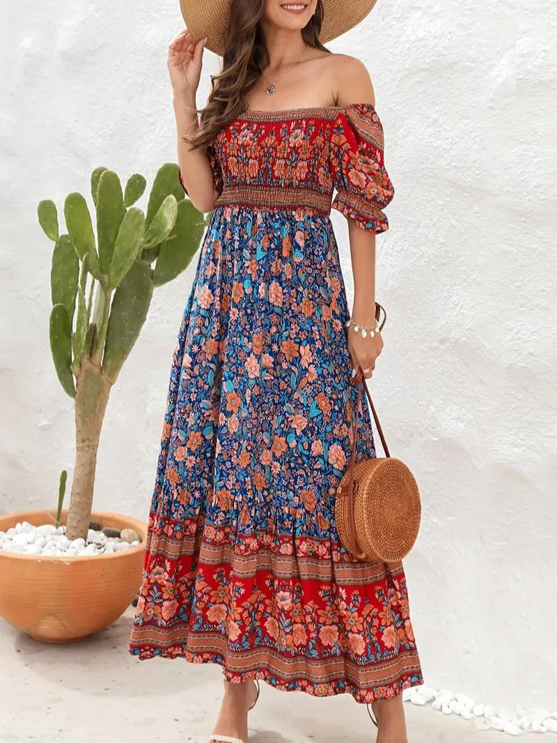 Maxiklänning - Blommig - Off Shoulder - Sommarklänning - Maxi Solklänning