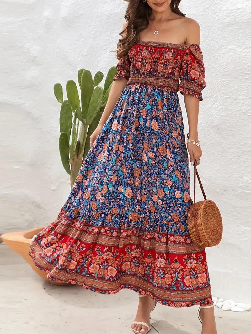 Maxiklänning - Blommig - Off Shoulder - Sommarklänning - Maxi Solklänning