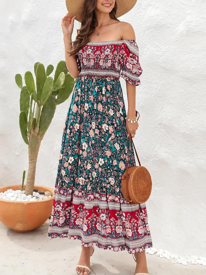 Maxiklänning - Blommig - Off Shoulder - Sommarklänning - Maxi Solklänning