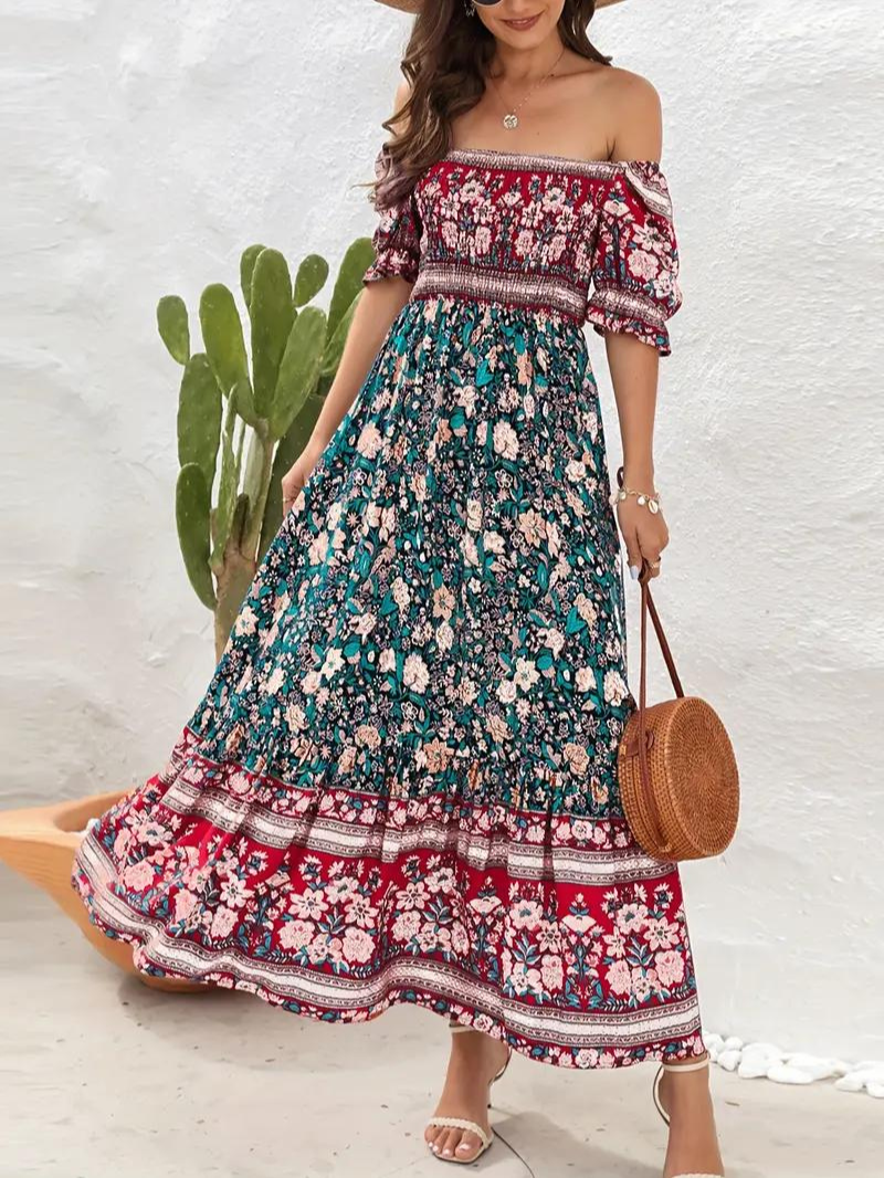 Maxiklänning - Blommig - Off Shoulder - Sommarklänning - Maxi Solklänning
