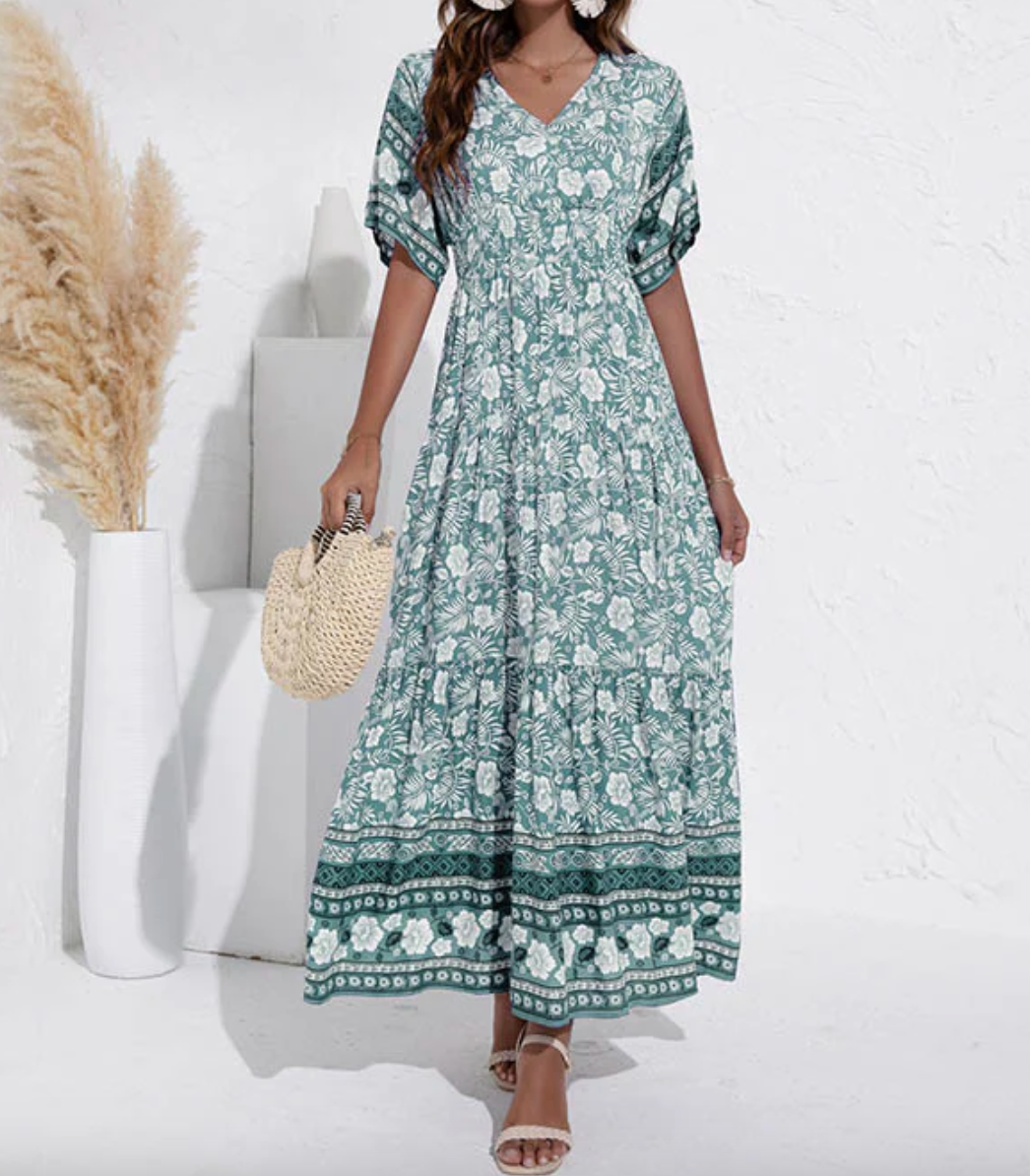 Maxiklänning – Kortärmad blommig boho-sommarklänning för damer