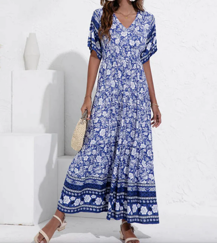 Maxiklänning – Kortärmad blommig boho-sommarklänning för damer