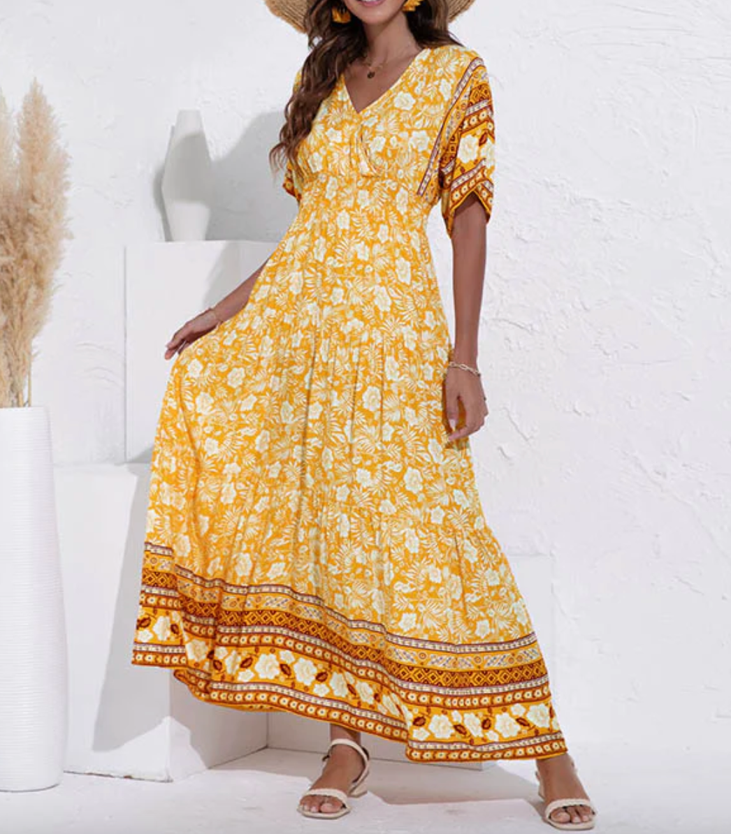 Maxiklänning – Kortärmad blommig boho-sommarklänning för damer