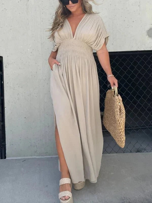 Maxiklänning - V-ringning - rynkad midja - Sommarklänning - Maxi Sundress