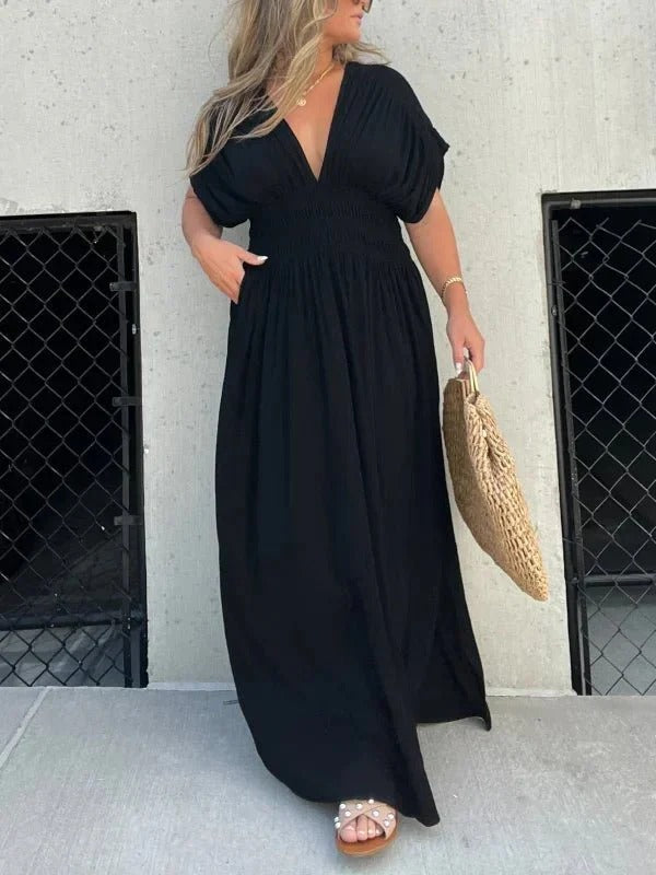 Maxiklänning - V-ringning - rynkad midja - Sommarklänning - Maxi Sundress