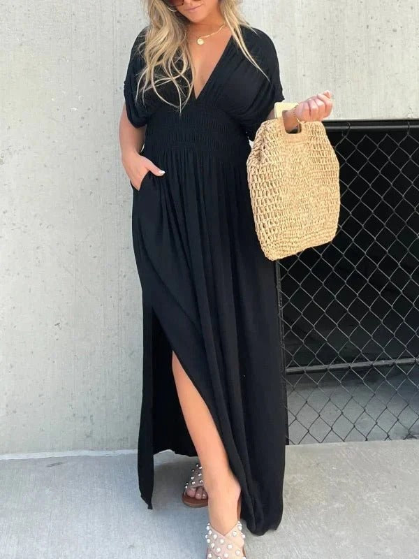 Maxiklänning - V-ringning - rynkad midja - Sommarklänning - Maxi Sundress