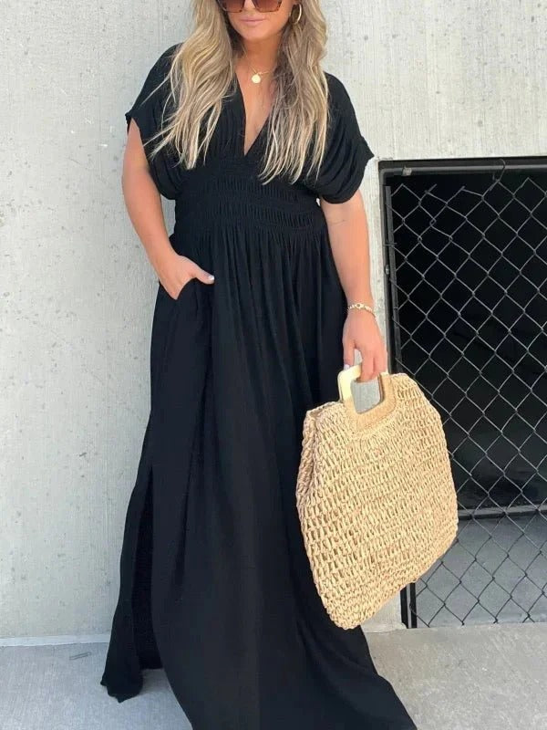Maxiklänning - V-ringning - rynkad midja - Sommarklänning - Maxi Sundress