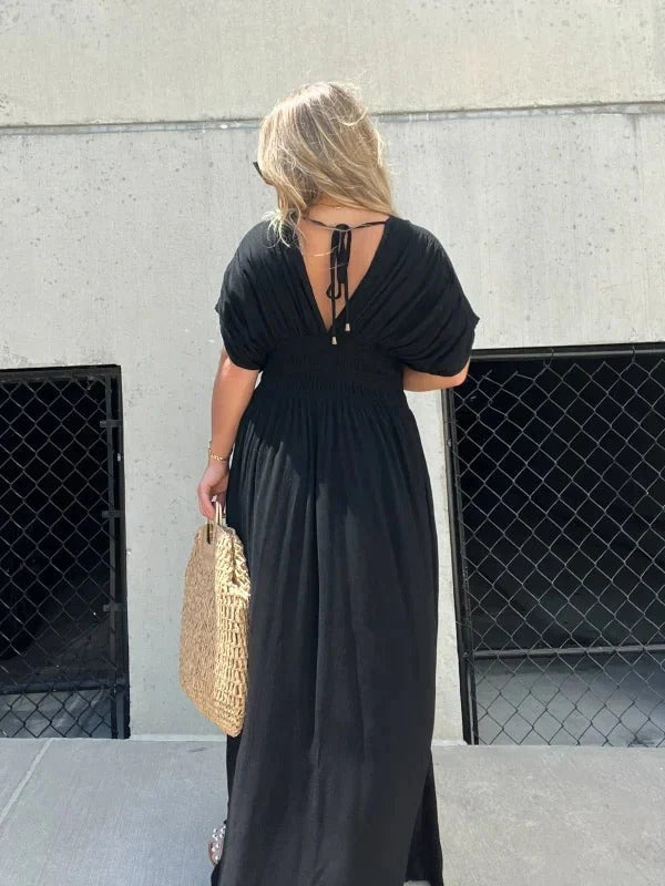 Maxiklänning - V-ringning - rynkad midja - Sommarklänning - Maxi Sundress