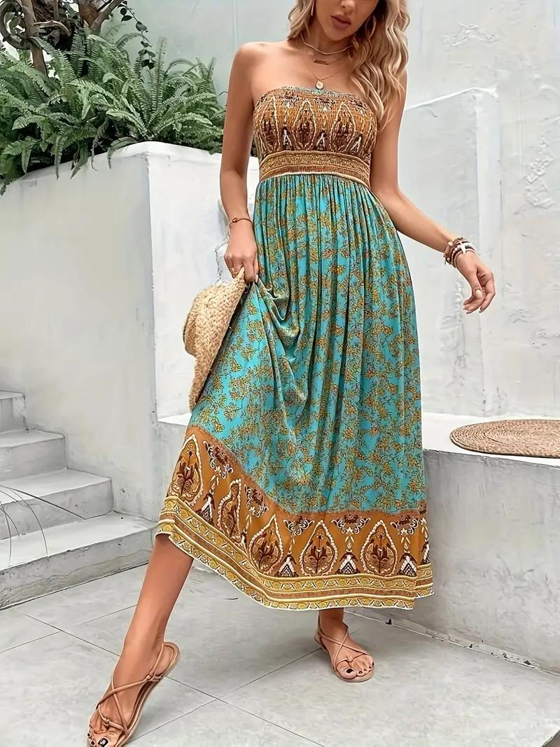 Maxiklänning, axelbandslös, Boho-stil, lång solklänning, tubklänning