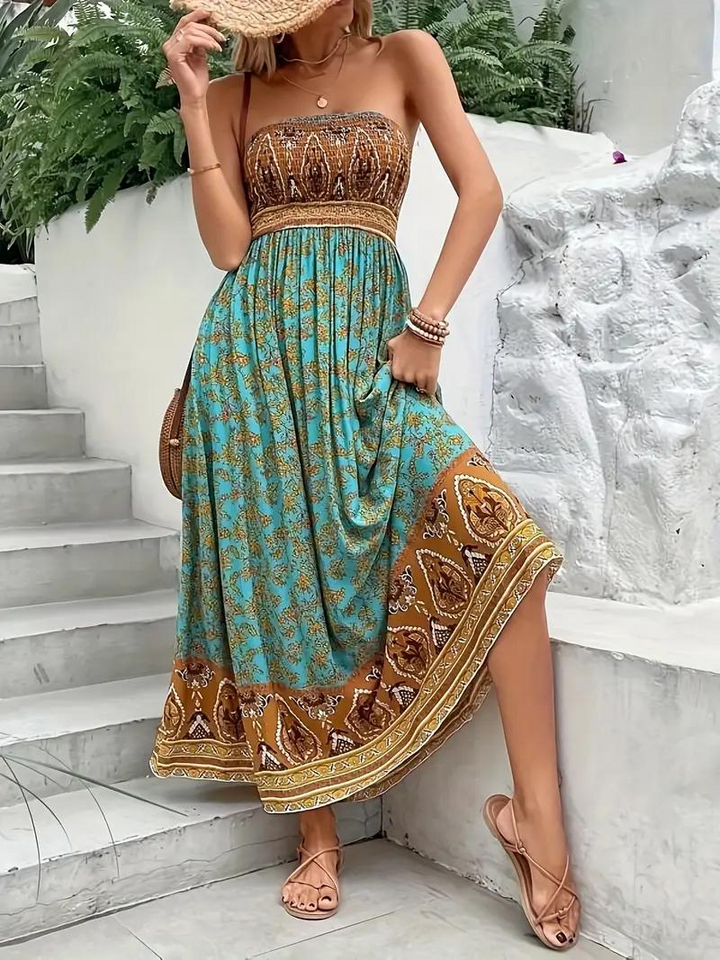Maxiklänning, axelbandslös, Boho-stil, lång solklänning, tubklänning