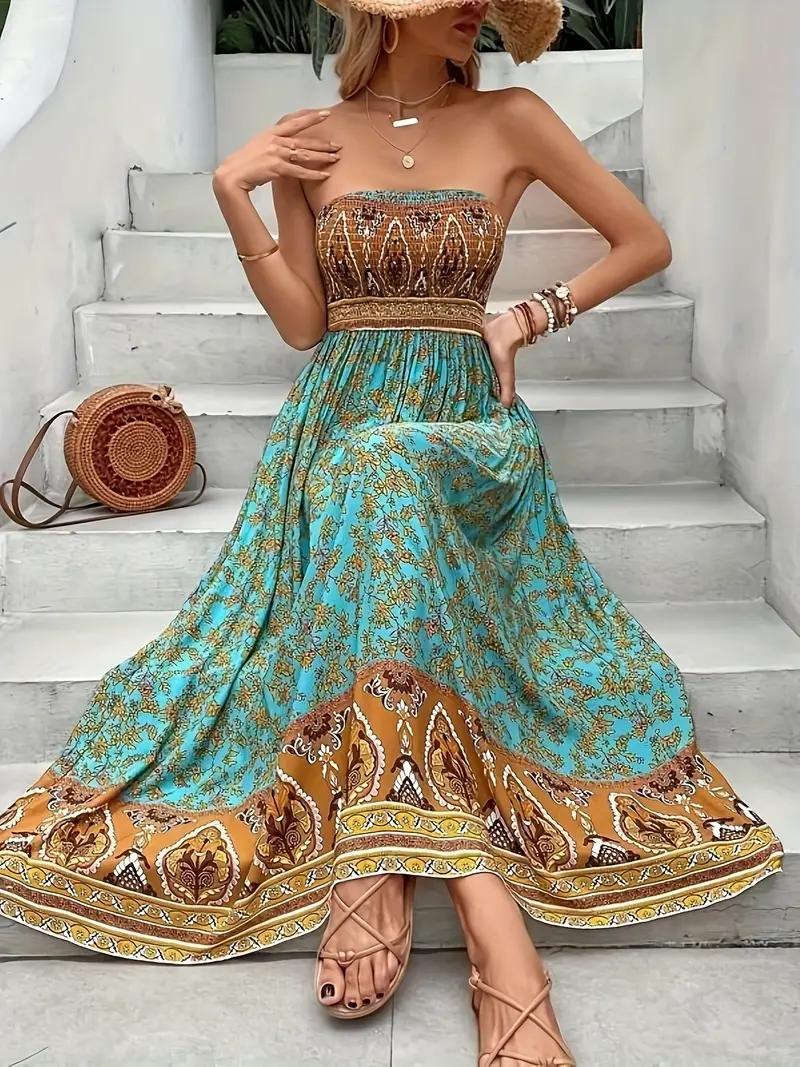 Maxiklänning, axelbandslös, Boho-stil, lång solklänning, tubklänning