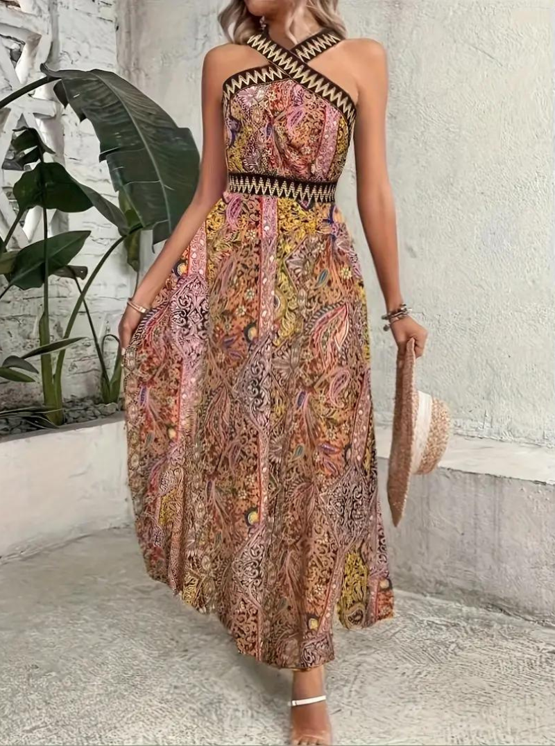 Maxiklänning, halterneck, Boho-stil, sommarklänning, långa klänningar