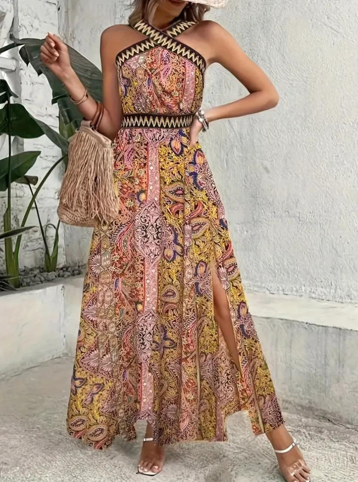 Maxiklänning, halterneck, Boho-stil, sommarklänning, långa klänningar