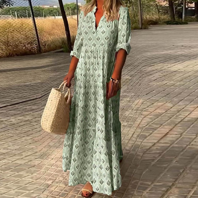 Maxikleid - Langärmelig Locker geschnitten V-Ausschnitt Boho - Maxi-Sonnenkleid