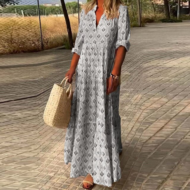 Maxikleid - Langärmelig Locker geschnitten V-Ausschnitt Boho - Maxi-Sonnenkleid