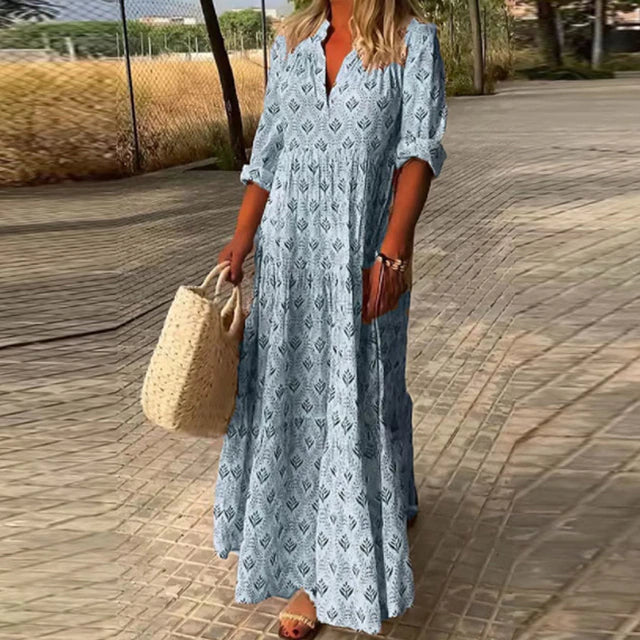 Maxikleid - Langärmelig Locker geschnitten V-Ausschnitt Boho - Maxi-Sonnenkleid
