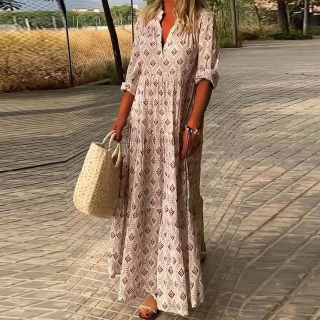Maxikleid - Langärmelig Locker geschnitten V-Ausschnitt Boho - Maxi-Sonnenkleid