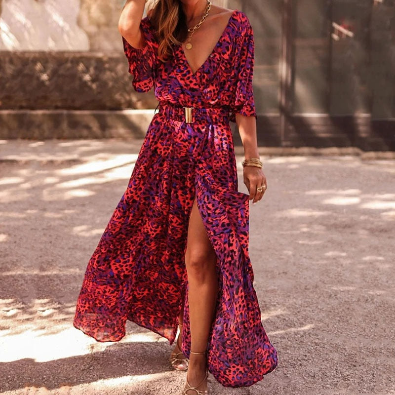 Maxiklänning Dam Boho Djup V-Hals Sommardesign