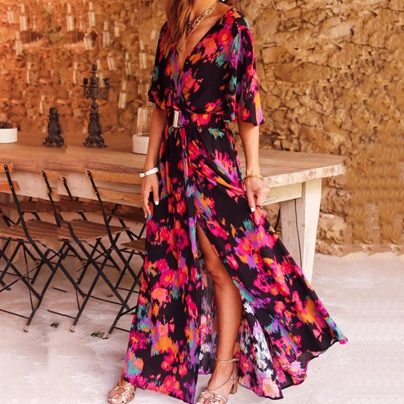 Maxiklänning Dam Boho Djup V-Hals Sommardesign