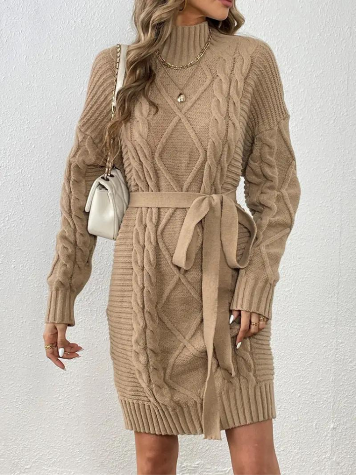 Melissa stickad klänning | Långärmad klänning med turtleneck för vintern