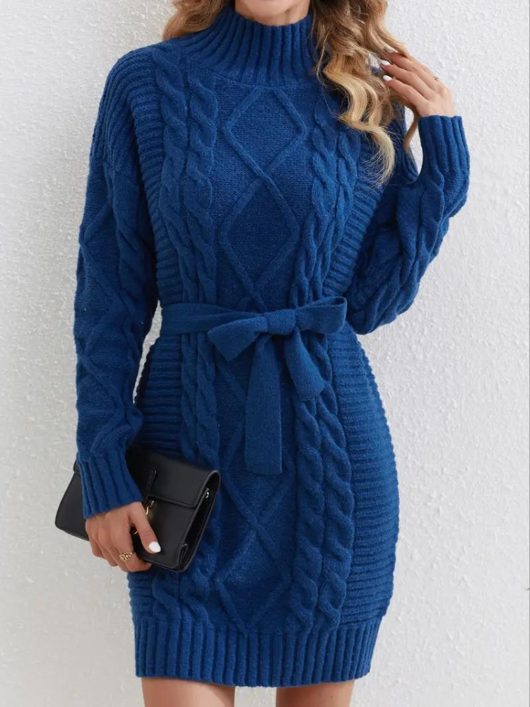 Melissa stickad klänning | Långärmad klänning med turtleneck för vintern