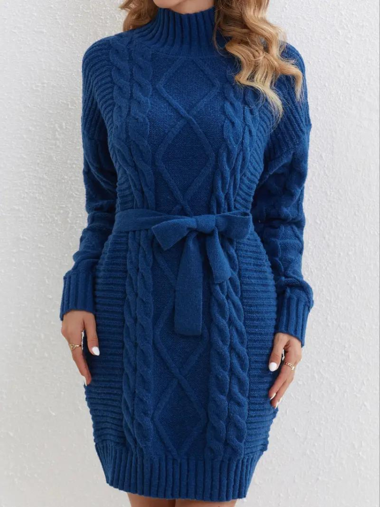 Melissa stickad klänning | Långärmad klänning med turtleneck för vintern
