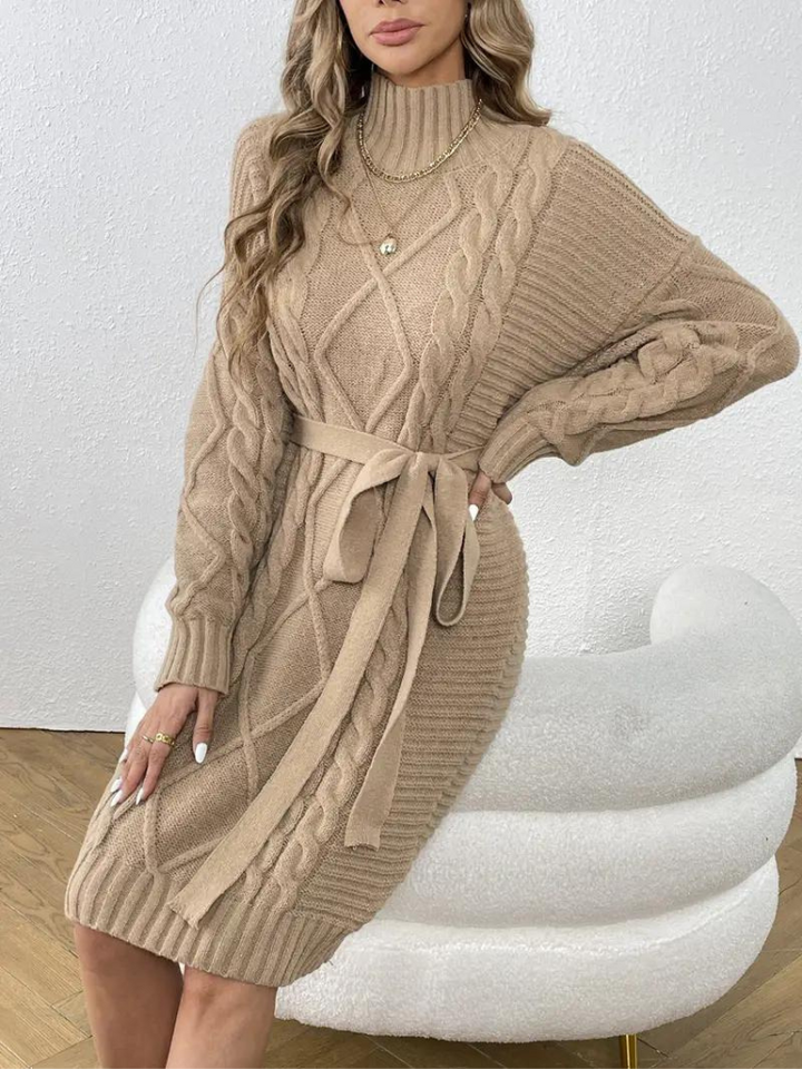 Melissa stickad klänning | Långärmad klänning med turtleneck för vintern