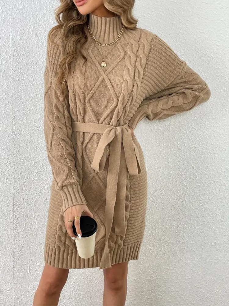 Melissa stickad klänning | Långärmad klänning med turtleneck för vintern